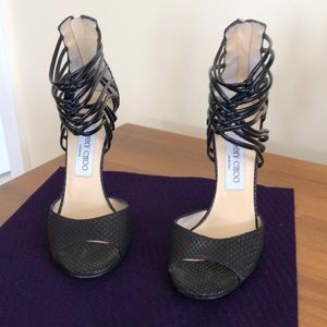 Jimmy Choo Black Snakeskin Peep Toe Pump Heels